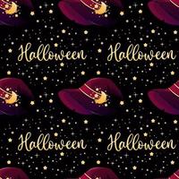 Seamless pattern with witch hat, golden Halloween lettering and stars photo