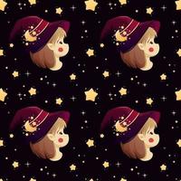 Seamless pattern with cute witch with elf ears in hat and stars photo