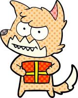 cartoon grinning fox with present vector