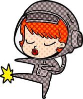 cartoon pretty astronaut girl karate kicking vector