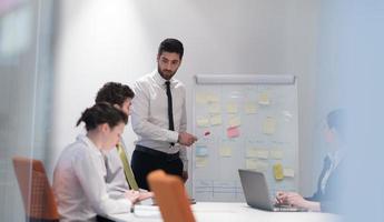 grupo de personas de negocios haciendo lluvia de ideas y tomando notas para voltear el tablero foto