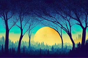 Silhouette mystical magic forest landscape in the moonlight photo