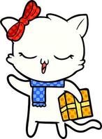 cartoon girl cat with christmas present vector