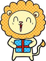 laughing lion cartoon with christmas present vector