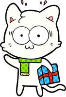 cartoon surprised cat with christmas present vector