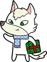 lobo de navidad de dibujos animados amigable vector