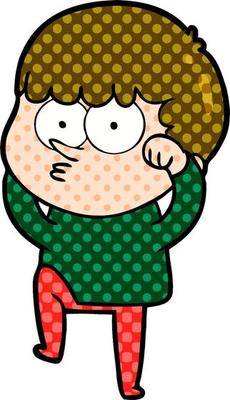 cartoon curious boy rubbing eyes in disbelief