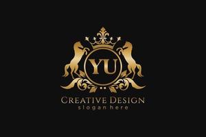 initial YU Retro golden crest with circle and two horses, badge template with scrolls and royal crown - perfect for luxurious branding projects vector