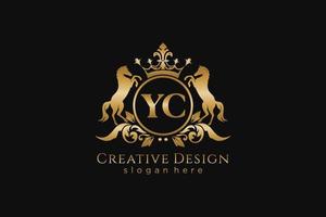 initial YC Retro golden crest with circle and two horses, badge template with scrolls and royal crown - perfect for luxurious branding projects vector
