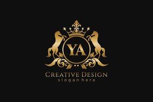 initial YA Retro golden crest with circle and two horses, badge template with scrolls and royal crown - perfect for luxurious branding projects vector