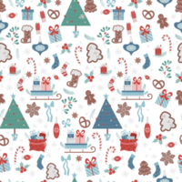 patrón sin costuras de navidad. decoración de año nuevo, pan de jengibre, árbol, trineo, regalos, calcetines, adornos navideños, patrón de invierno png