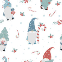 Christmas Seamless pattern with cute cartoon gnomes with caramel stick, gift, christmas tree and ball on blue background with New Years mistletoe and snowflakes. Vector illustration. png