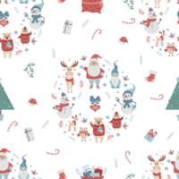 Christmas cute seamless pattern. New Years Santa characters, snowman and cute animals png