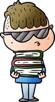 cartoon boy wearing sunglasses with stack of books vector