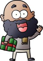 cartoon crazy happy man with beard and gift under arm vector