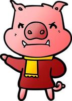 angry cartoon pig in winter clothes vector