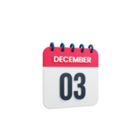 icono de calendario realista de diciembre fecha renderizada en 3d 03 de diciembre png