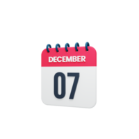 ícone de calendário realista de dezembro 3d renderizado data 07 de dezembro png
