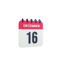 icône de calendrier réaliste de décembre date de rendu 3d le 16 décembre png