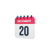 icono de calendario realista de diciembre fecha renderizada en 3d 20 de diciembre png