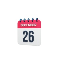 icono de calendario realista de diciembre fecha renderizada en 3d 26 de diciembre png