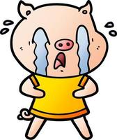 crying pig cartoon wearing human clothes vector