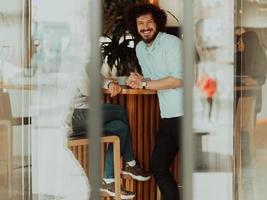 the couple rest in a cafe after a hard day's work photo