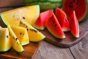 Closeup sweet watermelon slices pieces fresh watermelon tropical summer fruit, Red and yellow watermelon slice on wooden cutting board and plate photo