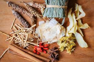 Herbal medicine dried herb from nature Non-toxic organic product on wooden background - Dry spices and herbs dood ingredients in Thailand Asian for healthy lifestyle photo