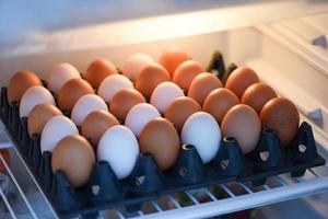 huevos en el frigorífico para guardarlos en la cocina - huevos de gallina frescos y huevos de pato en caja foto