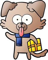 perro de dibujos animados con regalo de navidad vector