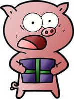 cartoon pig with christmas present vector