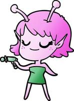 smiling alien girl cartoon pointing ray gun vector