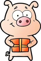 happy cartoon pig holding christmas present vector