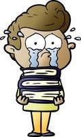 cartoon crying student with stack of books vector