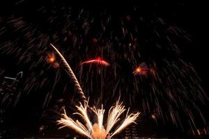 fuegos artificiales en el río en el cielo oscuro foto