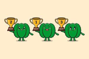 establecer lindo cactus de dibujos animados sosteniendo el trofeo con feliz vector