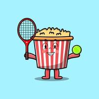 Cute cartoon Popcorn character play tennis field vector