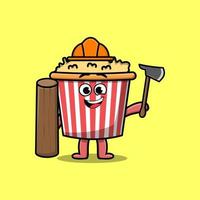 Cute cartoon Popcorn as carpenter with ax and wood vector