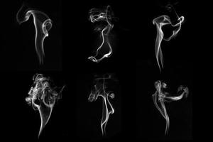 Multi style of white smoke pack shot in studio, white smoke from incense and black background, wave and splash shape for design, object and background concept photo