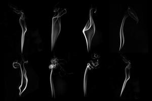 Multi style of white smoke pack shot in studio, white smoke from incense and black background, wave and splash shape for design, object and background concept photo