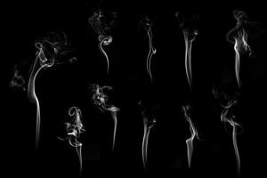 Set of white smoke or cloud shot in studio, white smoke from incense and black background, wave and splash shape for design, object and background concept photo