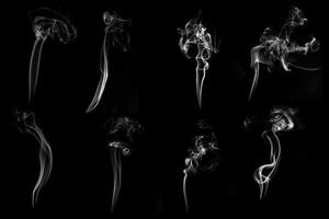 Set of white smoke or cloud shot in studio, white smoke from incense and black background, wave and splash shape for design, object and background concept photo