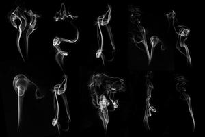 Set of white smoke pack shot in studio, white smoke from incense and black background, wave and splash shape for design, object and background concept