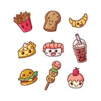 set de pegatinas de comida kawaii dibujadas a mano vector