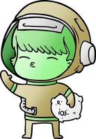 cartoon curious astronaut carrying space rock vector