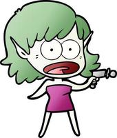 cartoon shocked alien girl with ray gun vector