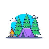 Camping Tents With Campfire In Forest Cartoon Vector Icon Illustration. Hiking And Nature Icon Concept Isolated Premium Vector. Flat Cartoon Style