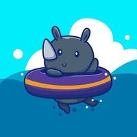 Cute Rhino With Swim Ring Cartoon Vector Icon Illustration. Animal Summer Icon Concept Isolated Premium Vector. Flat Cartoon Style