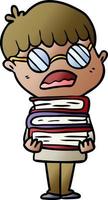 cartoon boy with books wearing spectacles vector